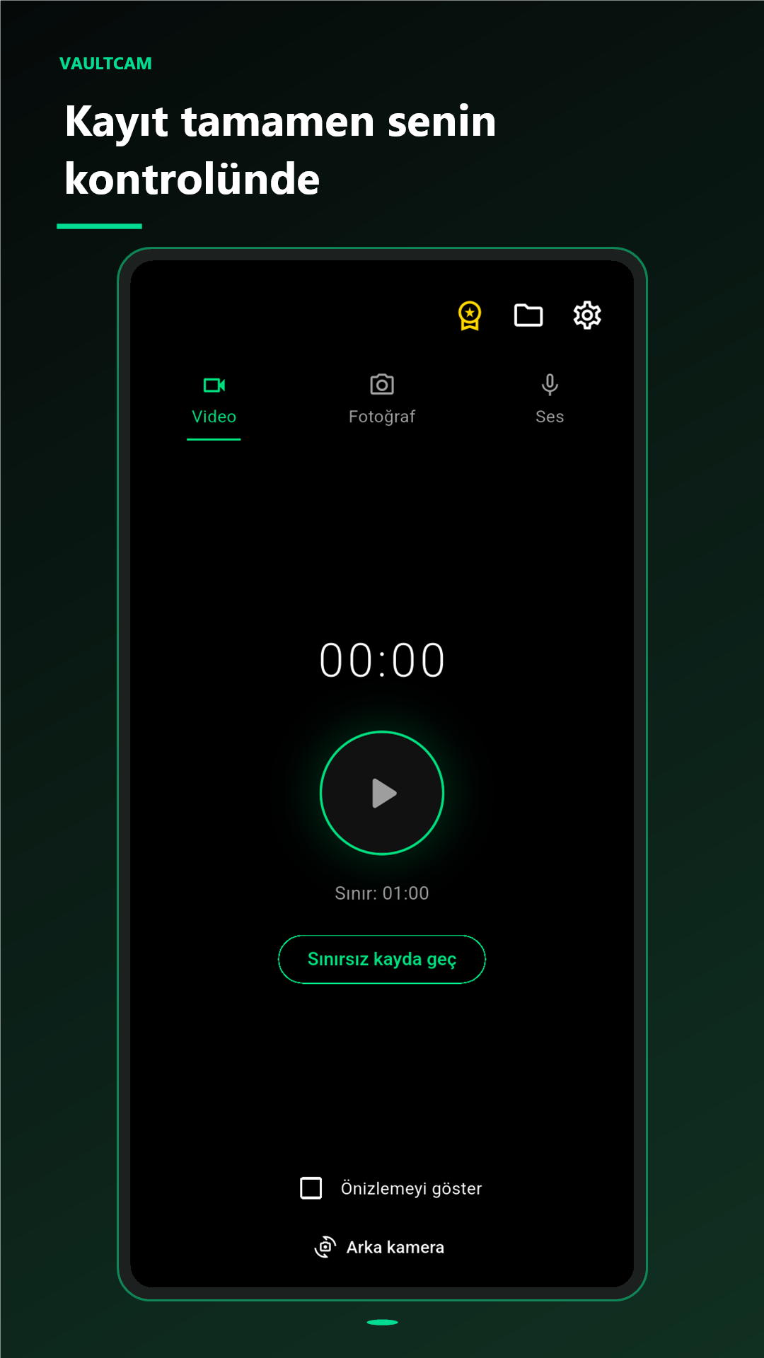 VaultCam video kayıt seçenekleri